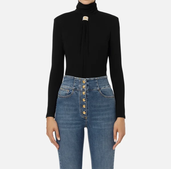 Elisabetta Franchi Top, T-Shirt & Body^Body in jersey con drappeggio e placca logo Nero