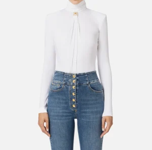 Elisabetta Franchi Top, T-Shirt & Body^Body in jersey con drappeggio e placca logo Avorio