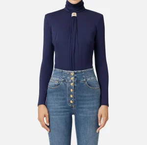 Elisabetta Franchi Top, T-Shirt & Body^Body in jersey con drappeggio e placca logo Navy
