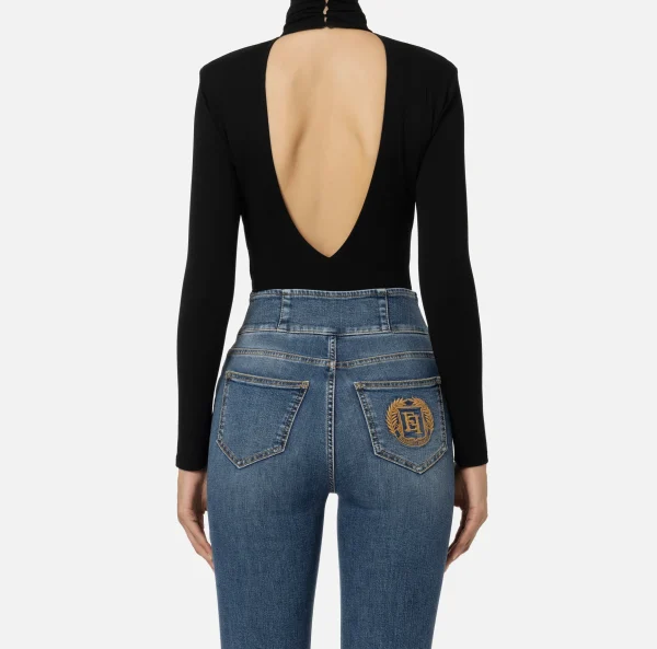 Elisabetta Franchi Top, T-Shirt & Body^Body in jersey con drappeggio e placca logo Nero