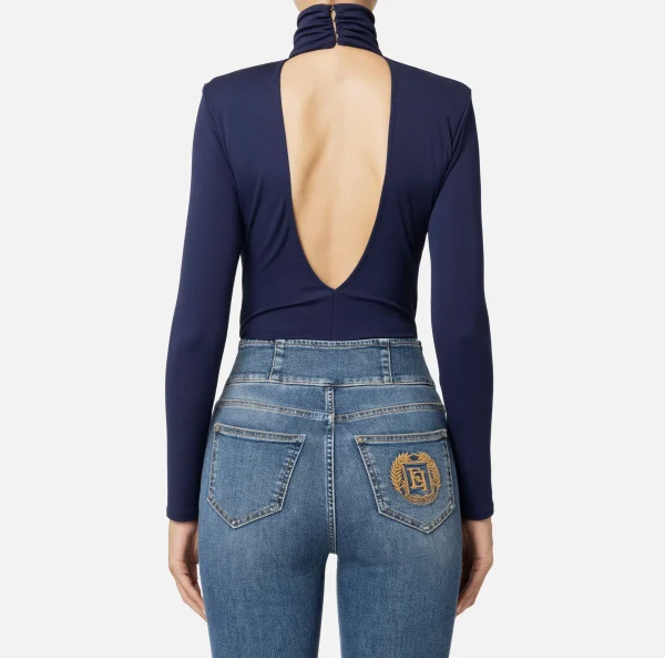 Elisabetta Franchi Top, T-Shirt & Body^Body in jersey con drappeggio e placca logo Navy