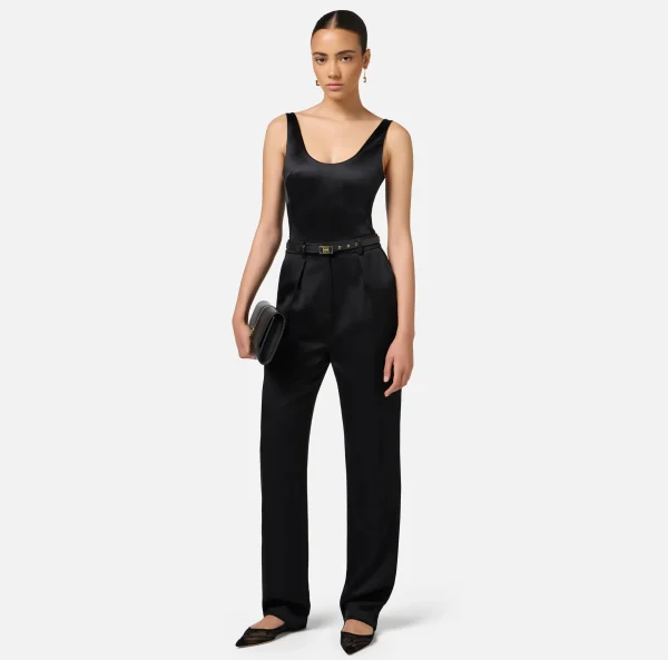 Elisabetta Franchi Top, T-Shirt & Body^Body in lycra con bande in elastico logato Nero