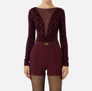 Elisabetta Franchi Top, T-Shirt & Body^Body in lycra flock e tulle RougeNoir