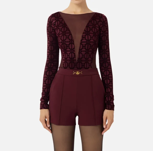 Elisabetta Franchi Top, T-Shirt & Body^Body in lycra flock e tulle RougeNoir