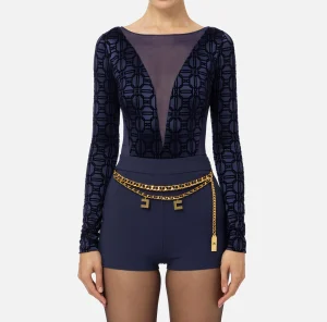 Elisabetta Franchi Top, T-Shirt & Body^Body in lycra flock e tulle Navy
