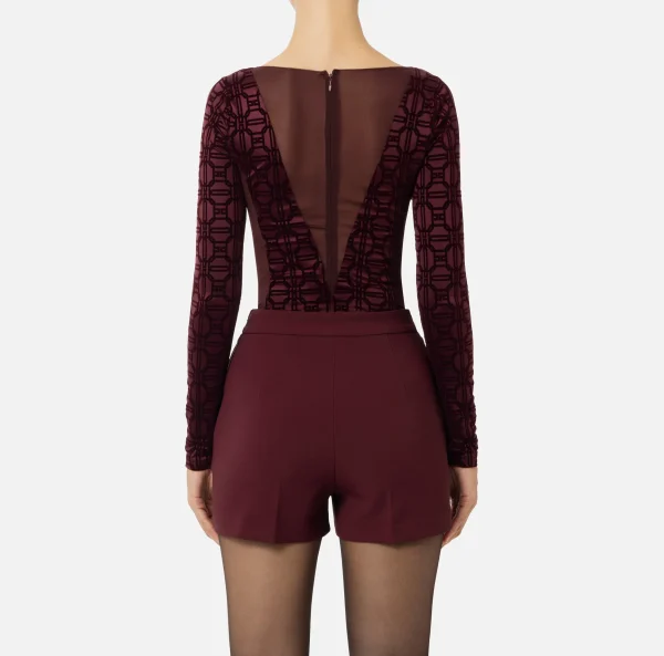 Elisabetta Franchi Top, T-Shirt & Body^Body in lycra flock e tulle RougeNoir