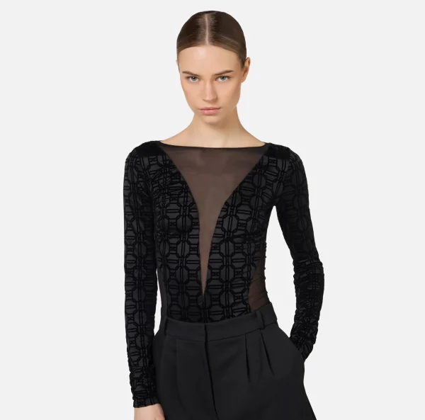 Elisabetta Franchi Top, T-Shirt & Body^Body in lycra flock e tulle Nero