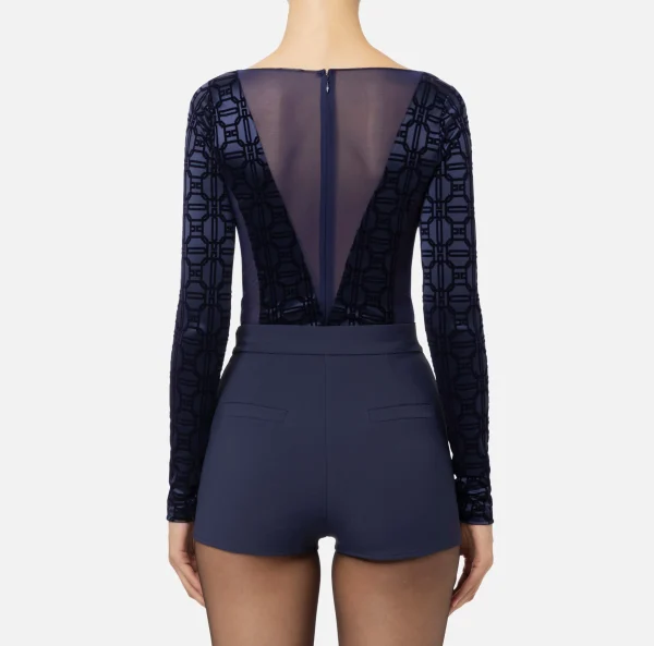 Elisabetta Franchi Top, T-Shirt & Body^Body in lycra flock e tulle Navy