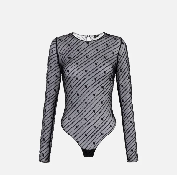 Elisabetta Franchi Top, T-Shirt & Body^Body in tulle flock disegno diagonale Nero