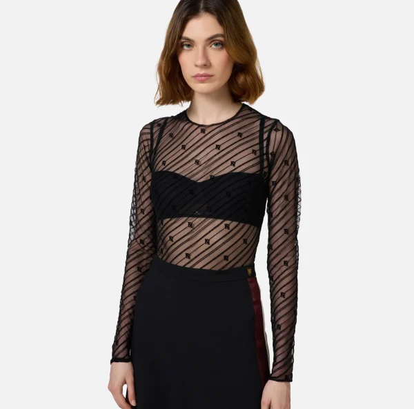 Elisabetta Franchi Top, T-Shirt & Body^Body in tulle flock disegno diagonale Nero