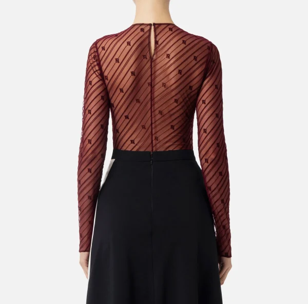 Elisabetta Franchi Top, T-Shirt & Body^Body in tulle flock disegno diagonale RougeNoir