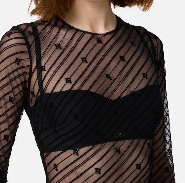 Elisabetta Franchi Top, T-Shirt & Body^Body in tulle flock disegno diagonale Nero