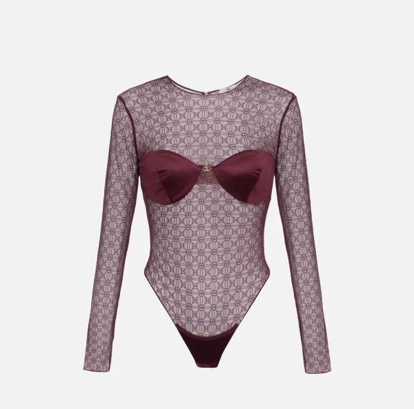 Elisabetta Franchi Top, T-Shirt & Body^Body in tulle jacquard con coppe RougeNoir