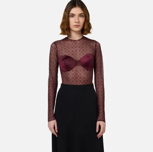 Elisabetta Franchi Top, T-Shirt & Body^Body in tulle jacquard con coppe RougeNoir