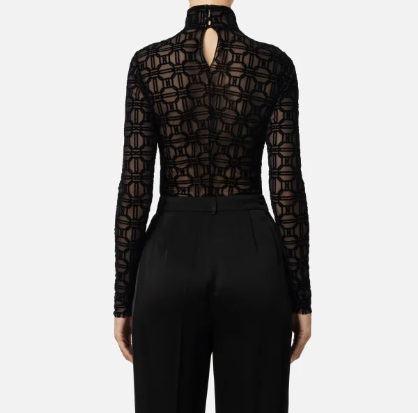 Elisabetta Franchi Top, T-Shirt & Body^Body in tulle stampato flock Nero