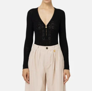 Elisabetta Franchi Top, T-Shirt & Body^Body in viscosa logo punto rete Nero