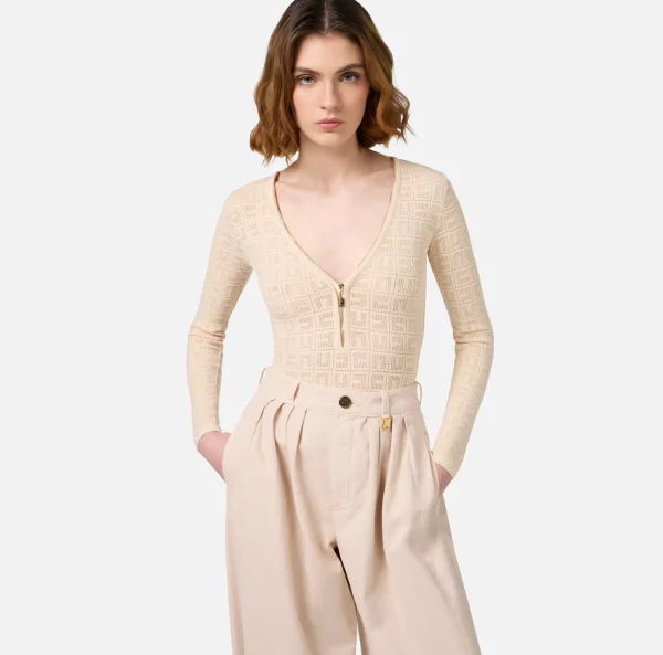 Elisabetta Franchi Top, T-Shirt & Body^Body in viscosa logo punto rete Burro