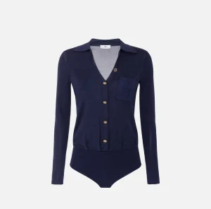 Elisabetta Franchi Top, T-Shirt & Body^Body in viscosa lucida con ricamo logo Navy