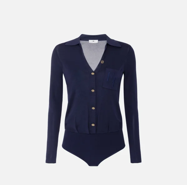 Elisabetta Franchi Top, T-Shirt & Body^Body in viscosa lucida con ricamo logo Navy