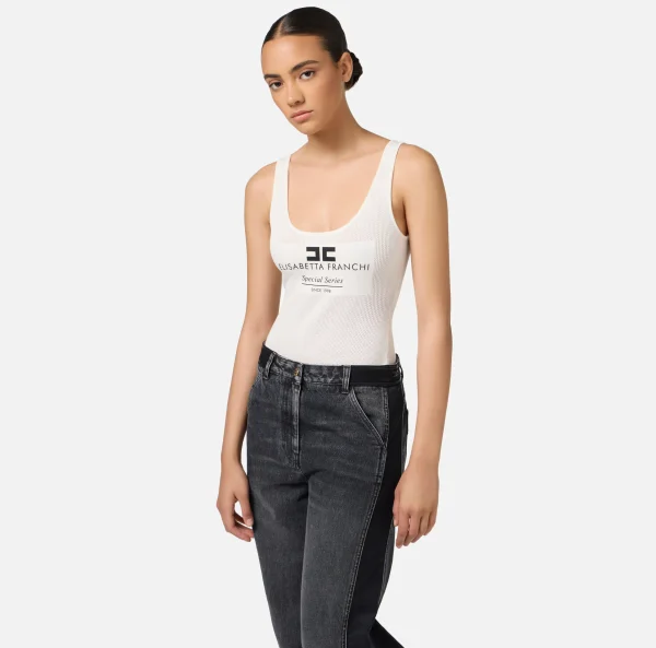 Elisabetta Franchi Top, T-Shirt & Body^Body in viscosa punto rete con intarsio Avorio