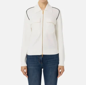 Elisabetta Franchi Maglieria E Felpe^Bomber in viscosa con patch logo Avorio/Nero