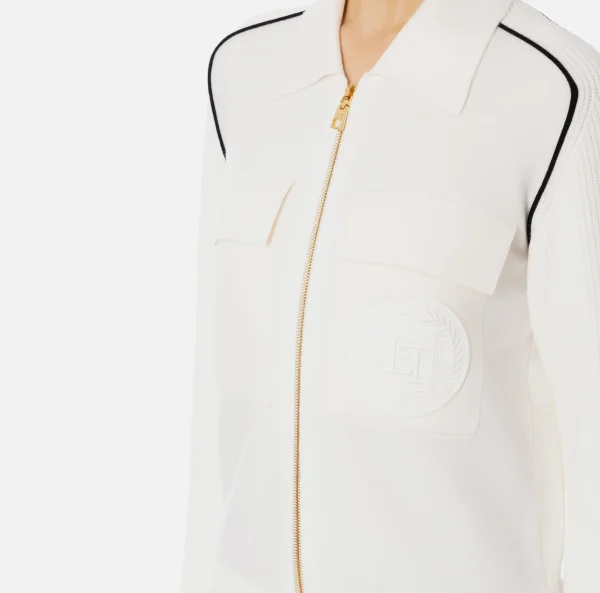 Elisabetta Franchi Maglieria E Felpe^Bomber in viscosa con patch logo Avorio/Nero
