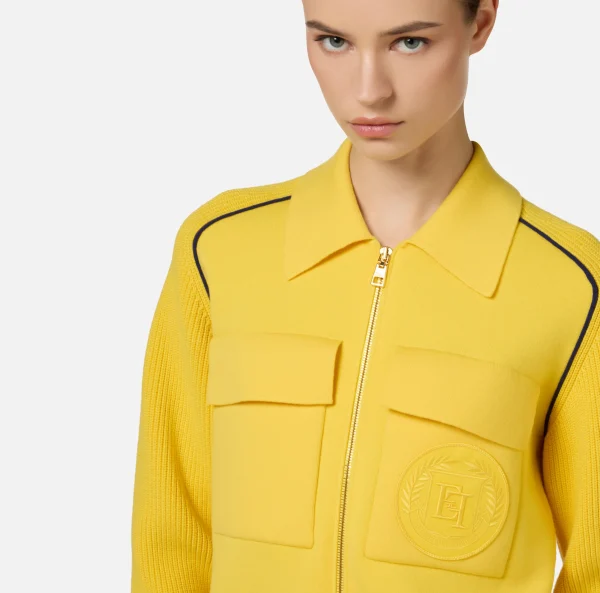 Elisabetta Franchi Maglieria E Felpe^Bomber in viscosa con patch logo Mimosa/Navy