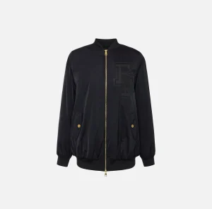 Elisabetta Franchi Capispalla^Bomber over in nylon satin con logo Nero