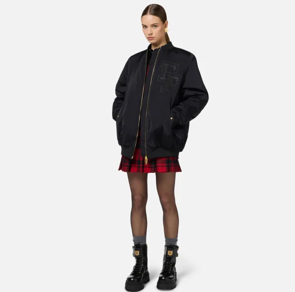 Elisabetta Franchi Capispalla^Bomber over in nylon satin con logo Nero
