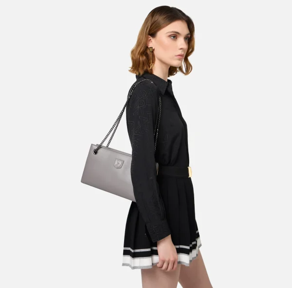 Elisabetta Franchi Borse A Spalla^Borsa a tracolla con scudetto in metallo silver Steel