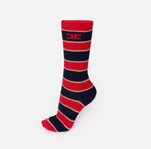 Elisabetta Franchi Collants^Calzini a costine a righe RedPassion/BlueNavy
