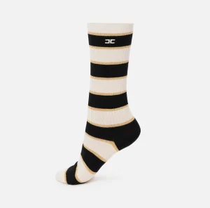 Elisabetta Franchi Collants^Calzini a costine a righe Burro/Nero