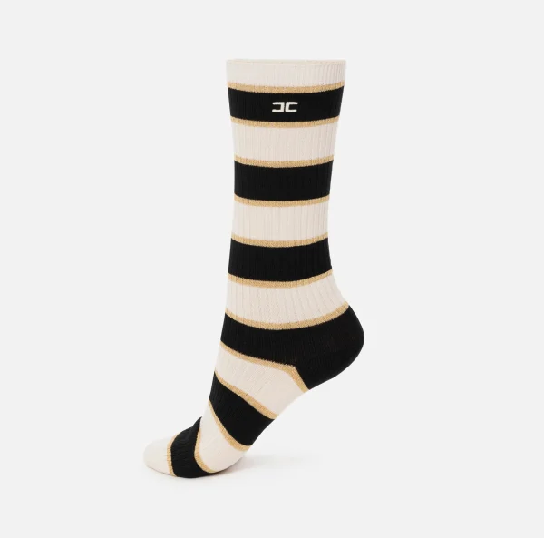 Elisabetta Franchi Collants^Calzini a costine a righe Burro/Nero