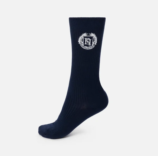 Elisabetta Franchi Collants^Calzini in cashmere con ricamo logo Navy/Avorio