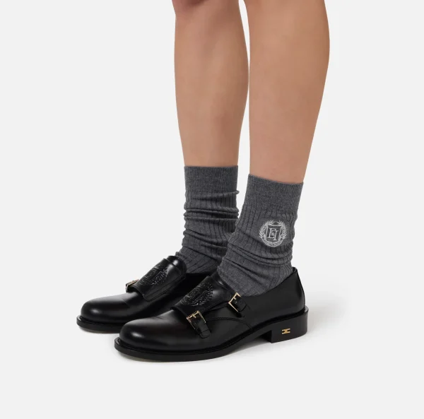 Elisabetta Franchi Collants^Calzini in cashmere con ricamo logo SteelMelange/Avorio