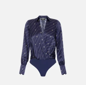 Elisabetta Franchi Camicie E Bluse | Top, T-Shirt & Body^Camicia body in georgette di seta stampata Navy/Crema