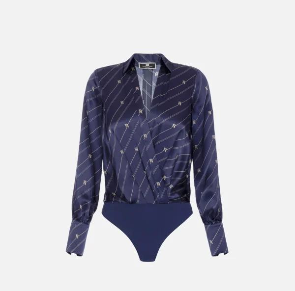 Elisabetta Franchi Camicie E Bluse | Top, T-Shirt & Body^Camicia body in georgette di seta stampata Navy/Crema
