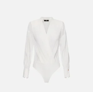 Elisabetta Franchi Camicie E Bluse | Top, T-Shirt & Body^Camicia body in georgette jacquard lettering Avorio