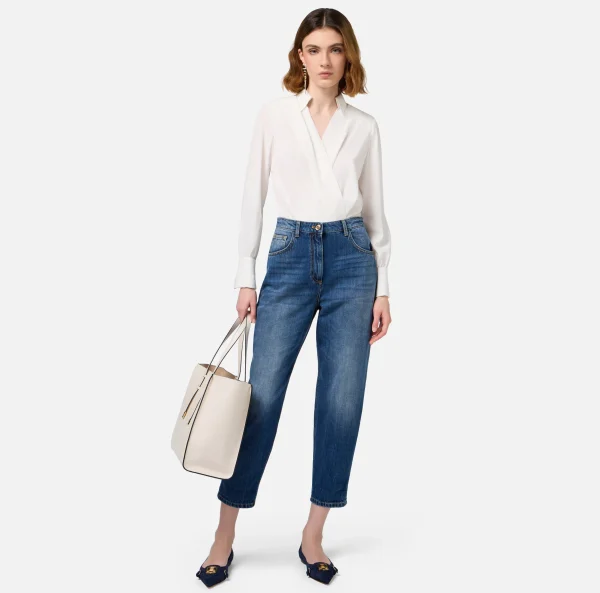 Elisabetta Franchi Camicie E Bluse | Top, T-Shirt & Body^Camicia body in georgette jacquard lettering Avorio
