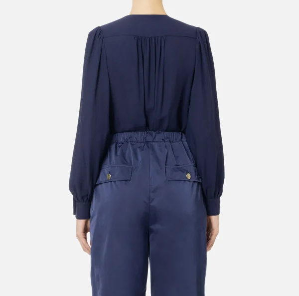 Elisabetta Franchi Camicie E Bluse | Top, T-Shirt & Body^Camicia body in georgette con ricamo su spalle Navy