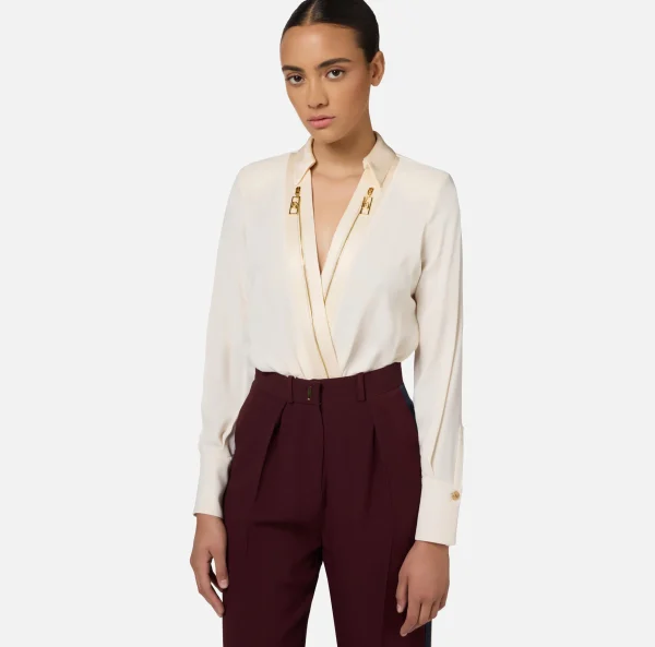 Elisabetta Franchi Camicie E Bluse | Top, T-Shirt & Body^Camicia body in georgette e raso con zip Burro