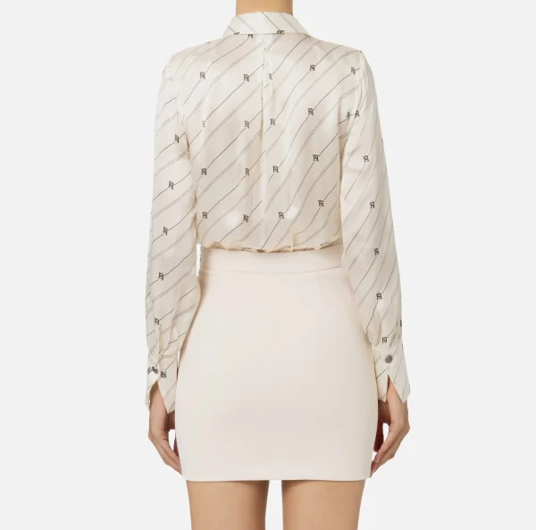 Elisabetta Franchi Camicie E Bluse | Top, T-Shirt & Body^Camicia body in georgette di seta stampata Burro/Nero