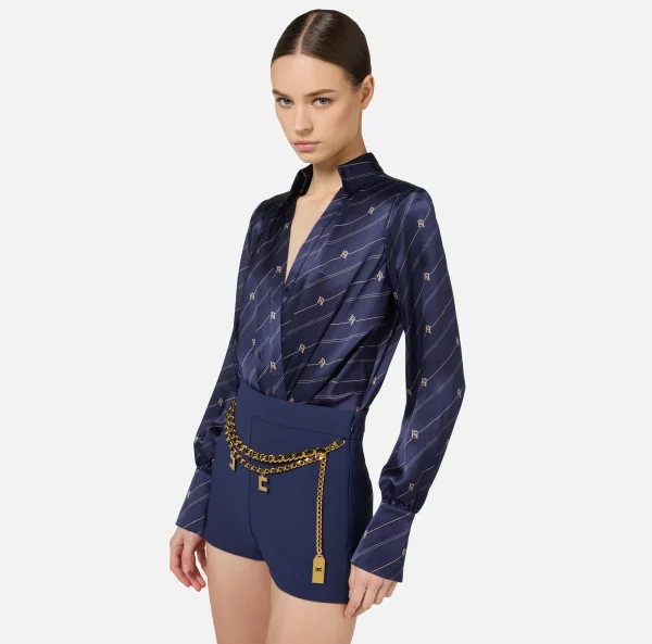 Elisabetta Franchi Camicie E Bluse | Top, T-Shirt & Body^Camicia body in georgette di seta stampata Navy/Crema