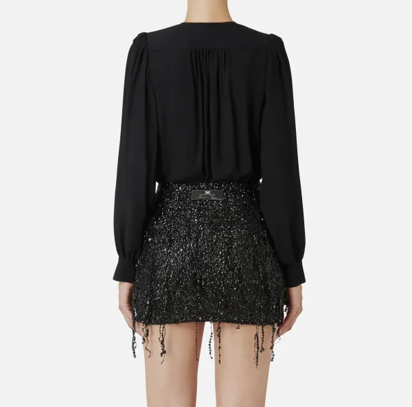 Elisabetta Franchi Camicie E Bluse | Top, T-Shirt & Body^Camicia body in georgette con ricamo su spalle Nero