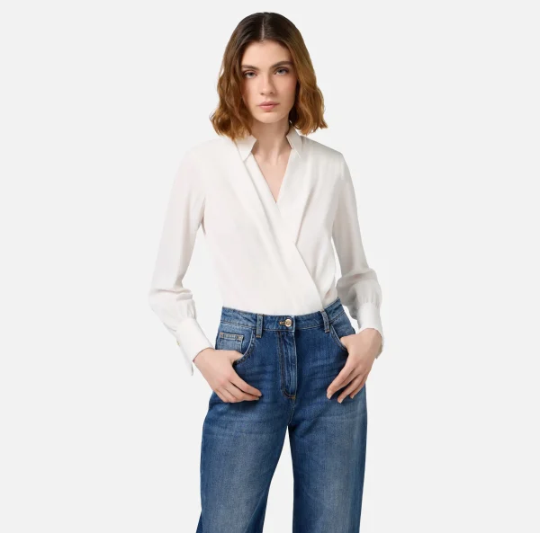 Elisabetta Franchi Camicie E Bluse | Top, T-Shirt & Body^Camicia body in georgette jacquard lettering Avorio