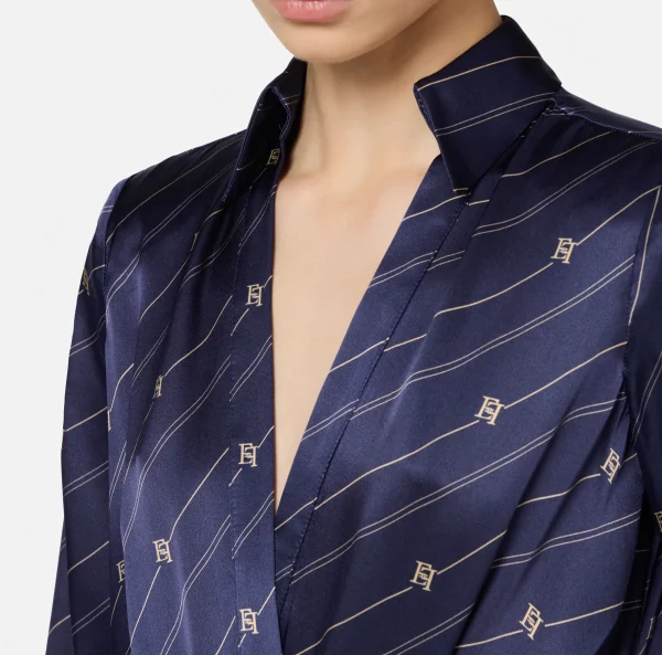Elisabetta Franchi Camicie E Bluse | Top, T-Shirt & Body^Camicia body in georgette di seta stampata Navy/Crema