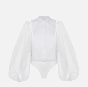 Elisabetta Franchi Camicie E Bluse | Top, T-Shirt & Body^Camicia body in organza con plastron Avorio