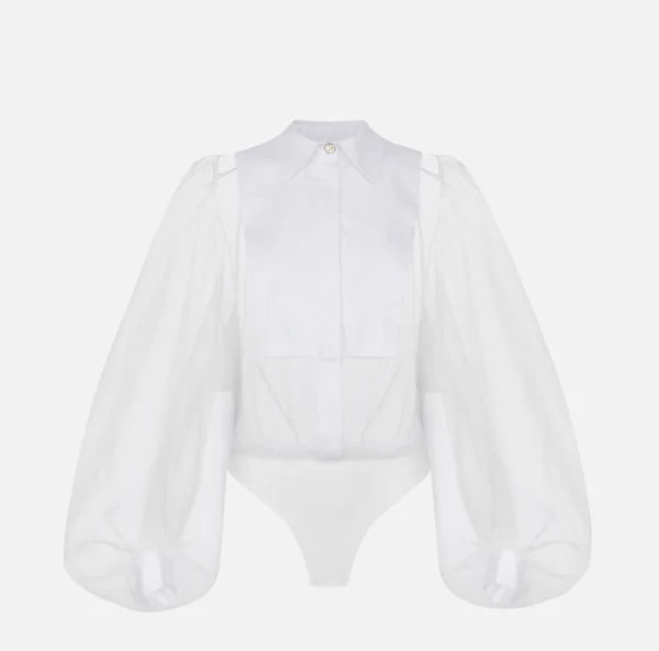 Elisabetta Franchi Camicie E Bluse | Top, T-Shirt & Body^Camicia body in organza con plastron Avorio