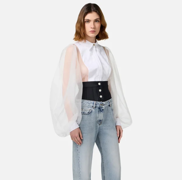 Elisabetta Franchi Camicie E Bluse | Top, T-Shirt & Body^Camicia body in organza con plastron Avorio