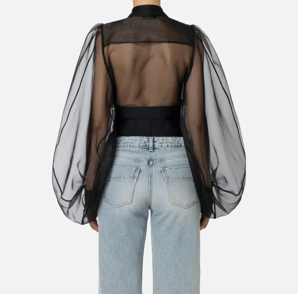Elisabetta Franchi Camicie E Bluse | Top, T-Shirt & Body^Camicia body in organza con plastron Nero
